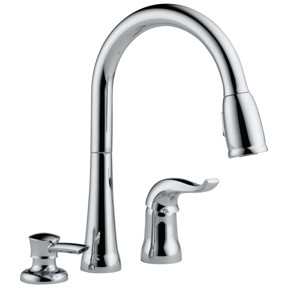 Delta Kate: Single Handle Pull-Down Kitchen Faucet with Soap Dispenser - / Curve w/o Tab - D1