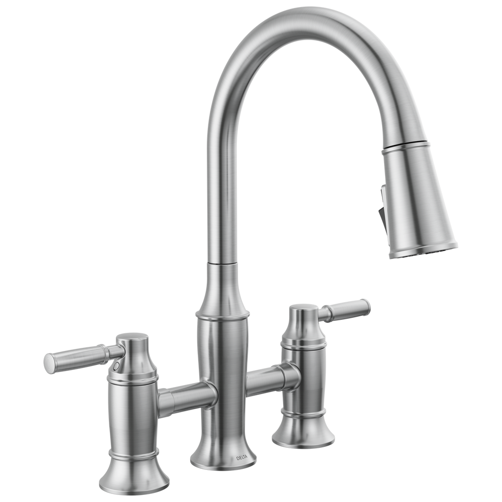 Delta Renaldi: Two Handle Pull-Down Bridge Kitchen Faucet - Lumicoat Arctic Stainless / Curve w/o Ta