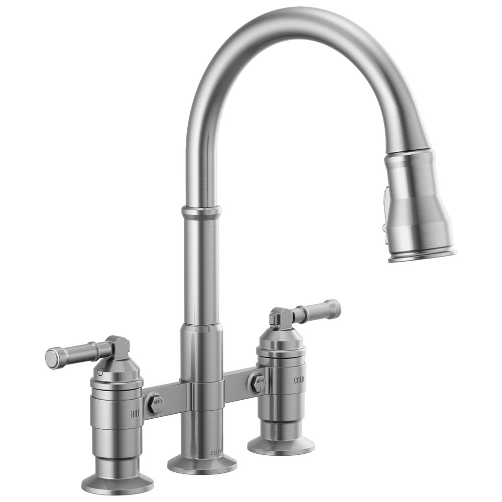 Delta Broderick: Two Handle Pull-Down Bridge Kitchen Faucet - / Curve w/o Tab - D11