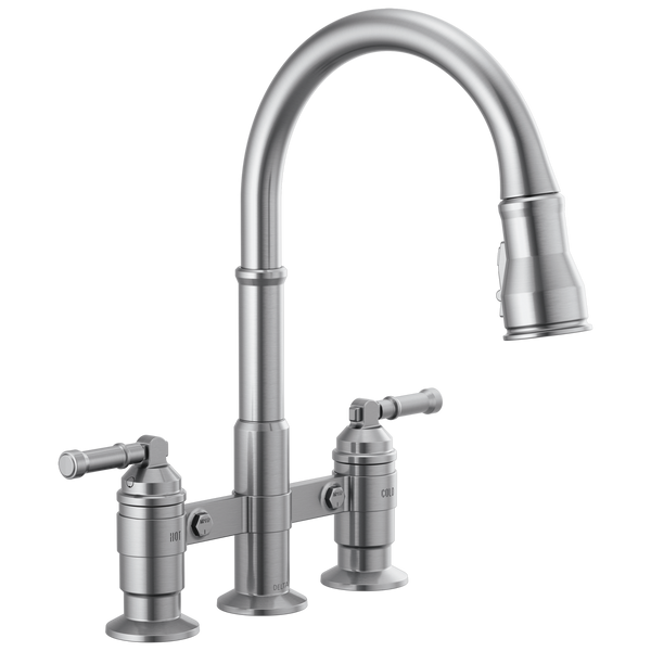 Delta Broderick: Two Handle Pull-Down Bridge Kitchen Faucet - / Curve w/o Tab - D11