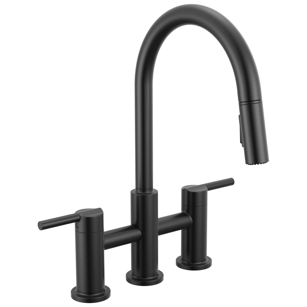 Delta Nicoli: Two Handle Pull-Down Bridge Kitchen Faucet - / Curve w/o Tab - D11 / Stand