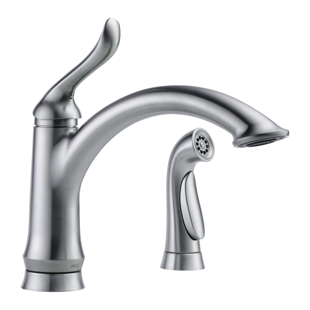 Delta Linden: Single Handle Kitchen Faucet with Spray - / Curve w/o Tab - D11 / Sta