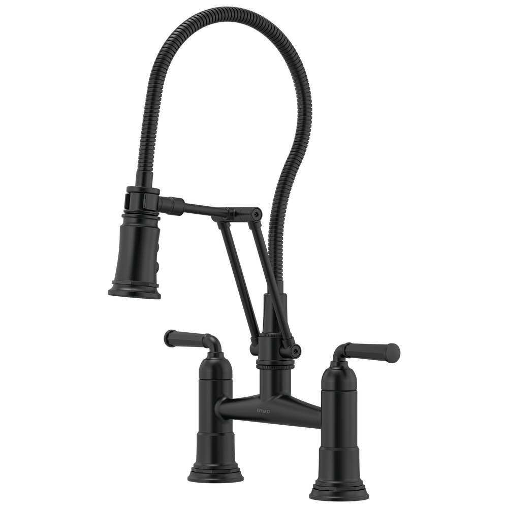 Brizo Rook: Articulating Bridge Faucet with Finished Hose - / Rectangle w/ Brizo Logo -