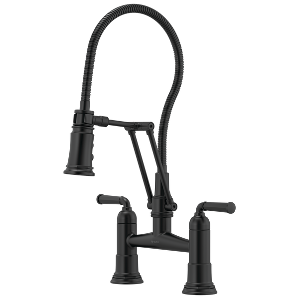 Brizo Rook: Articulating Bridge Faucet with Finished Hose - / Rectangle w/ Brizo Logo -
