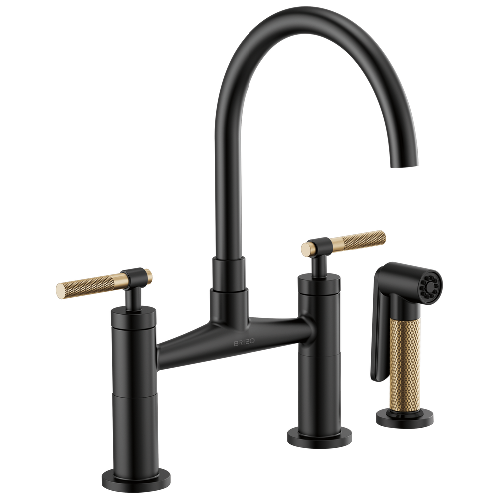 Brizo Litze: Bridge Faucet with Arc Spout and Knurled Handle - / Rectangle w