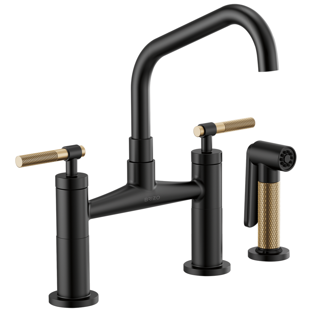 Brizo Litze: Bridge Faucet with Angled Spout and Knurled Handle - / Rectangl