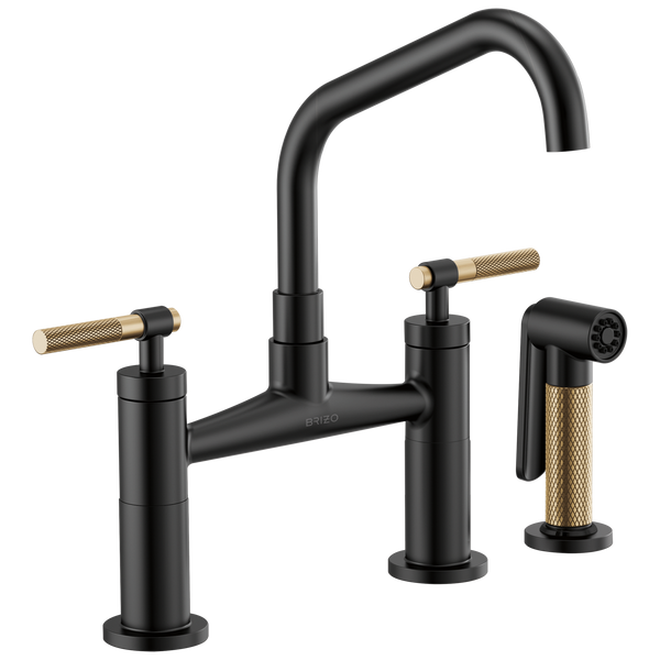 Brizo Litze: Bridge Faucet with Angled Spout and Knurled Handle - / Rectangl