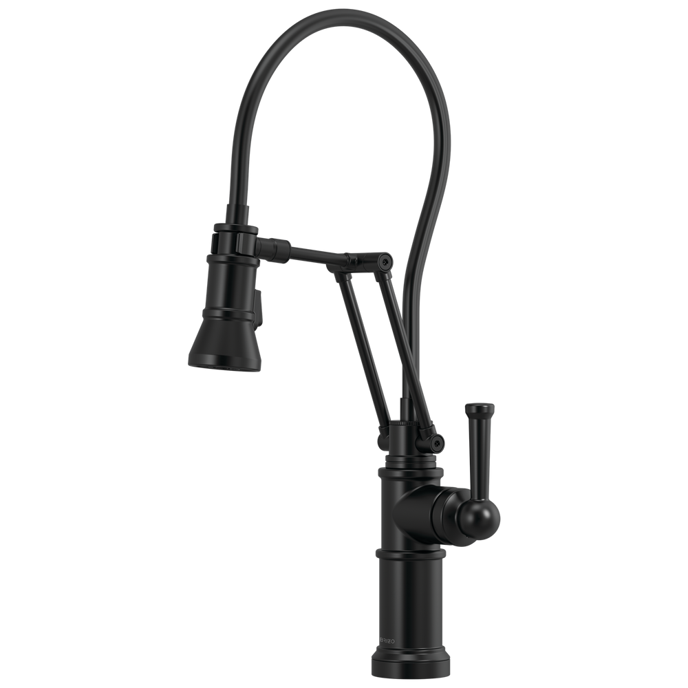 Brizo Artesso: Single Handle Articulating Kitchen Faucet - / Rectangle w/ Brizo Logo - B