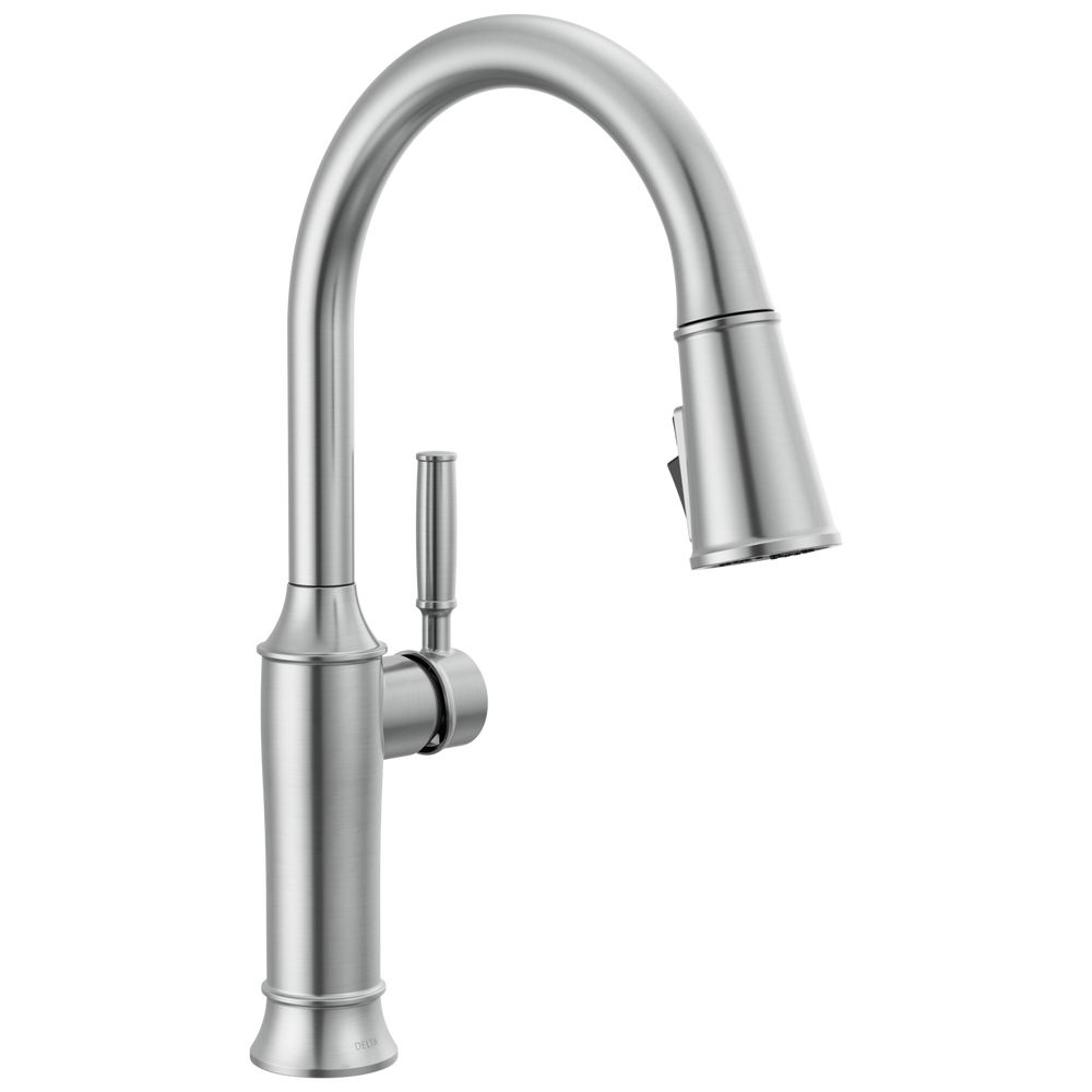 Delta Renaldi: Single Handle Pull-Down Kitchen Faucet - Lumicoat Arctic Stainless / Curve w/o Tab -