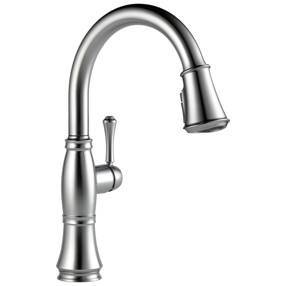 Delta Cassidy: Single Handle Pull-Down Kitchen Faucet - Lumicoat Arctic Stainless / Curve w/o Tab -