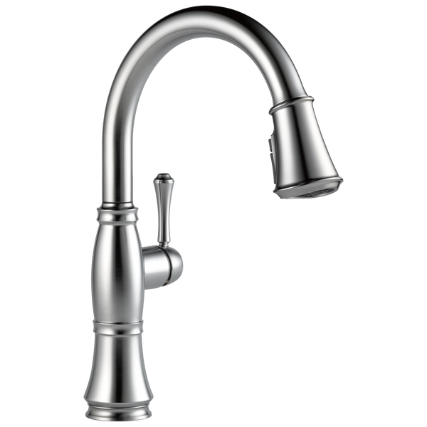 Delta Cassidy: Single Handle Pull-Down Kitchen Faucet - Lumicoat Arctic Stainless / Curve w/o Tab -