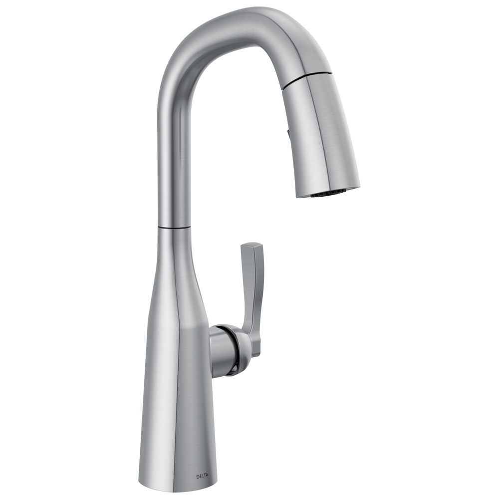 Delta Stryke: Single Handle Pull-Down Bar/Prep Faucet - Lumicoat Arctic Stainless / Curve w/o Tab -