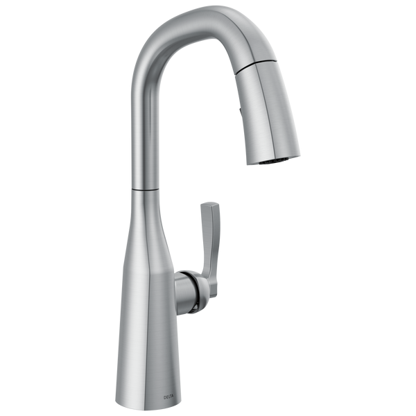 Delta Stryke: Single Handle Pull-Down Bar/Prep Faucet - Lumicoat Arctic Stainless / Curve w/o Tab -