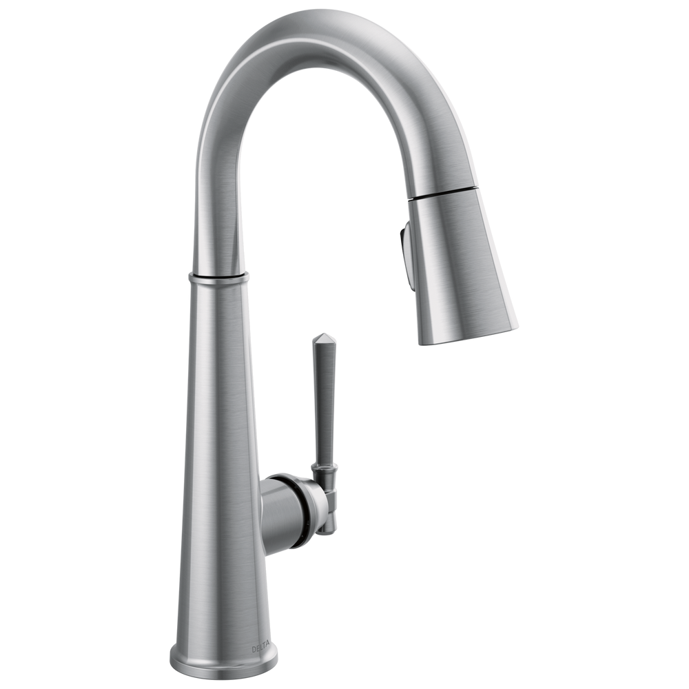 Delta Emmeline: Single Handle Pull-Down Bar/Prep Faucet - Lumicoat Arctic Stainless / Curve w/o Tab