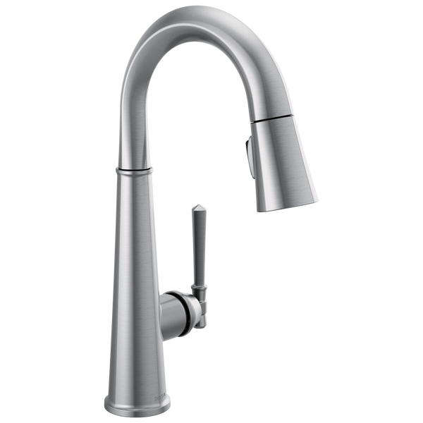 Delta Emmeline: Single Handle Pull-Down Bar/Prep Faucet - Lumicoat Arctic Stainless / Curve w/o Tab
