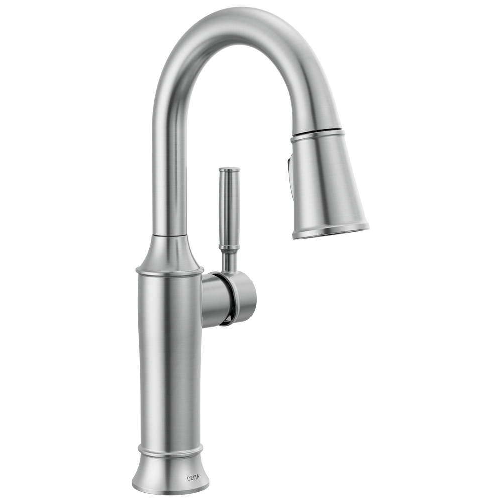 Delta Renaldi: Single Handle Pull-Down Bar / Prep Faucet - Lumicoat Arctic Stainless / Curve w/o Tab