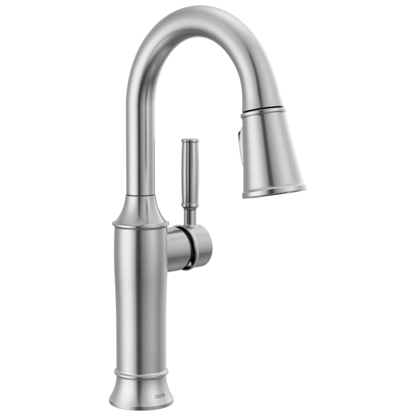 Delta Renaldi: Single Handle Pull-Down Bar / Prep Faucet - Lumicoat Arctic Stainless / Curve w/o Tab