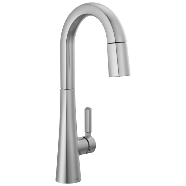 Delta Monrovia: Single Handle Pull-Down Bar/Prep Faucet - Lumicoat Arctic Stainless / Curve w/o Tab