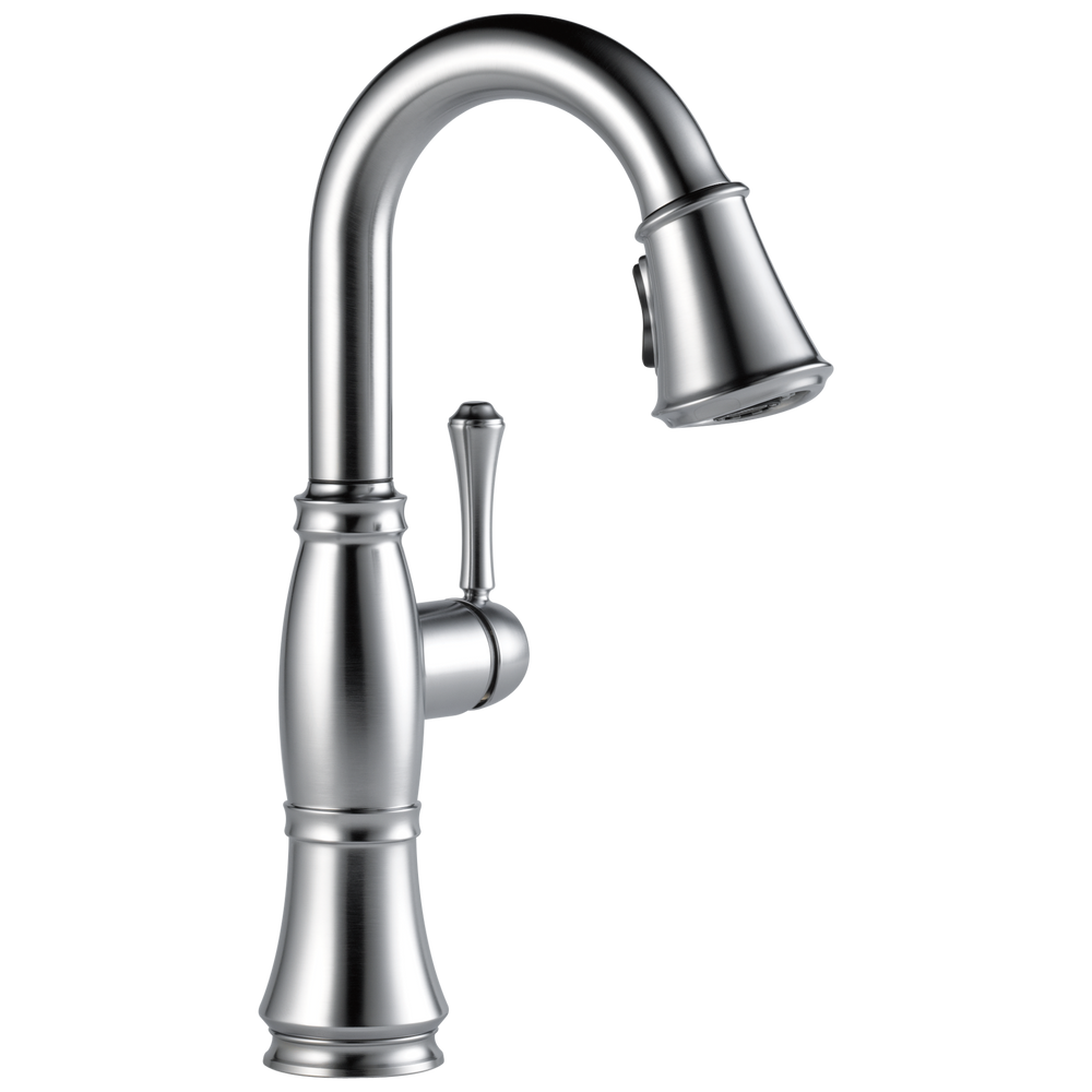 Delta Cassidy: Single Handle Pull-Down Bar/Prep Faucet - Lumicoat Arctic Stainless / Curve w/o Tab -